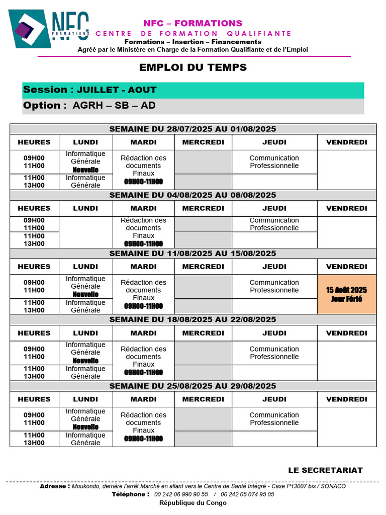 Emploi du temps des formations 2025 | PDF | Business | Informatique