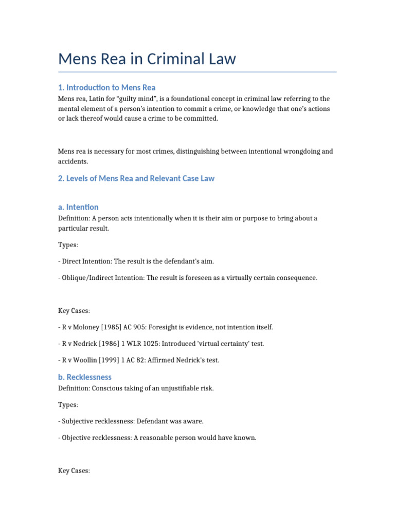 Mens Rea in Criminal Law Overview | PDF | Recklessness (Law) | Mens Rea