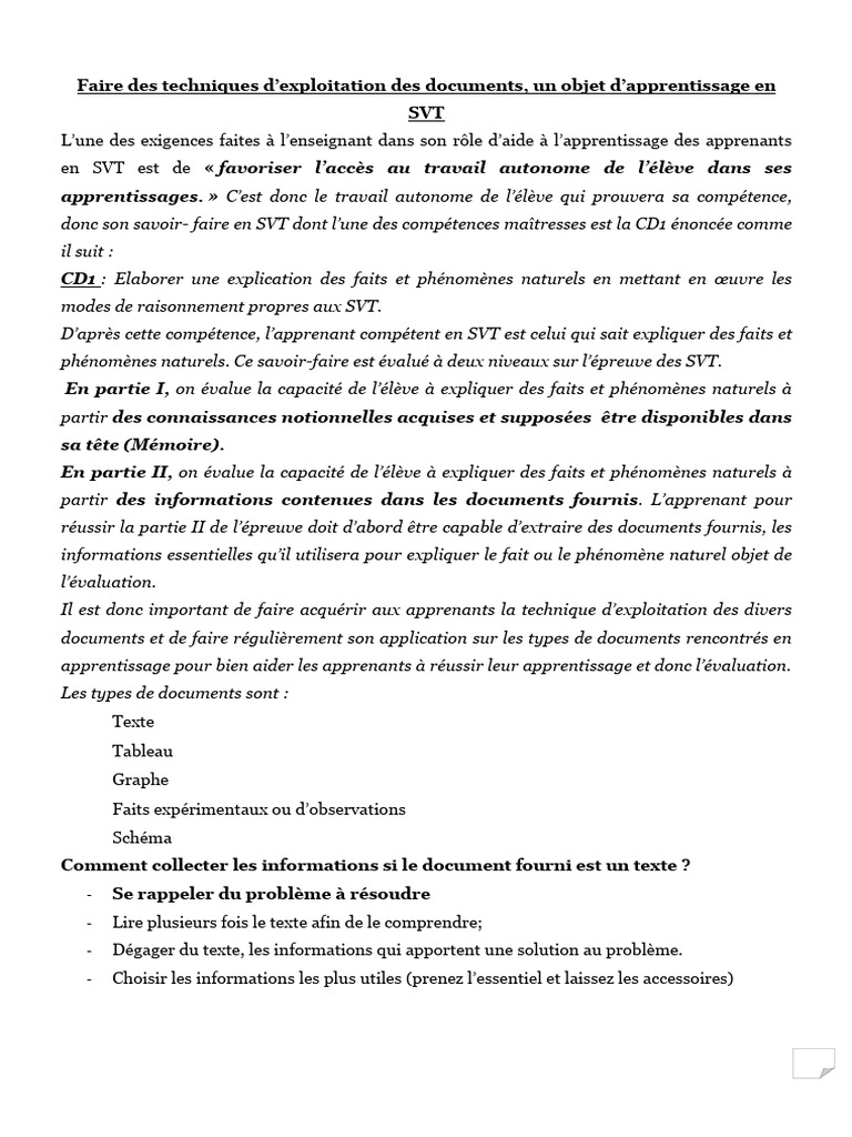 Techniques d'exploitation des documents en SVT | PDF | Apprentissage ...