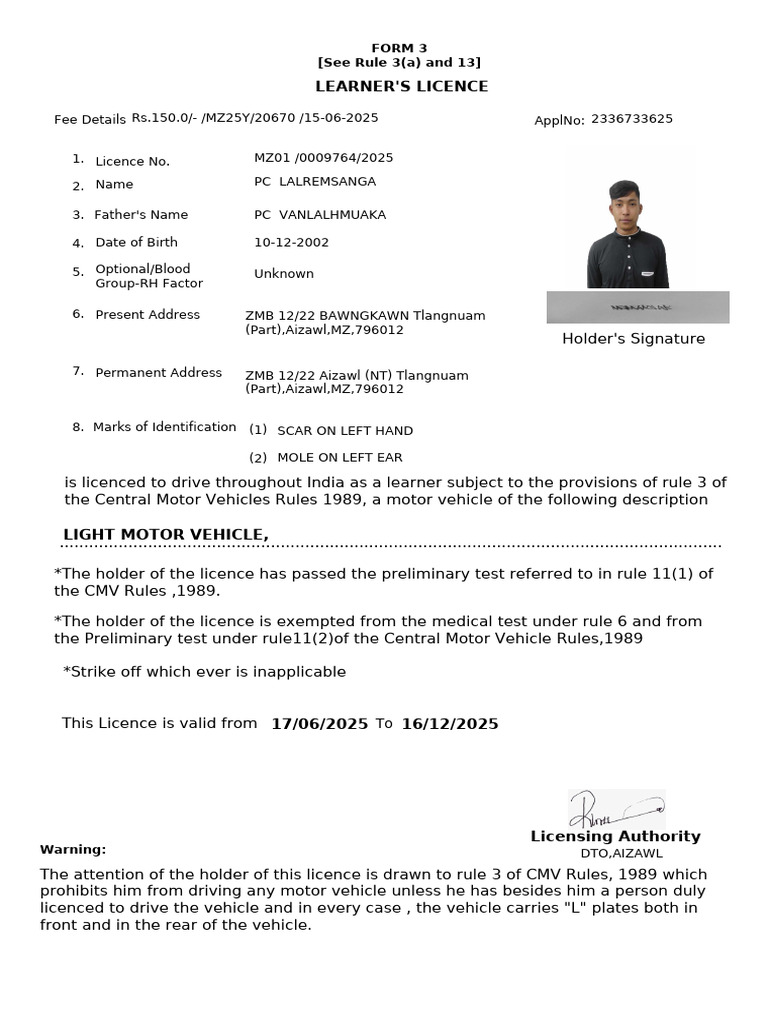 Learner'S Licence: Form 3 (See Rule 3 (A) and 13) | PDF