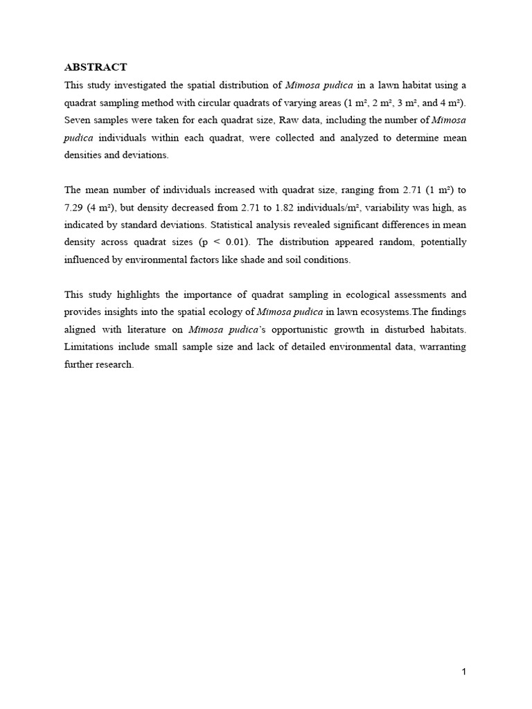 Quadrat Sampling of Mimosa pudica | PDF | Data Analysis | Statistics