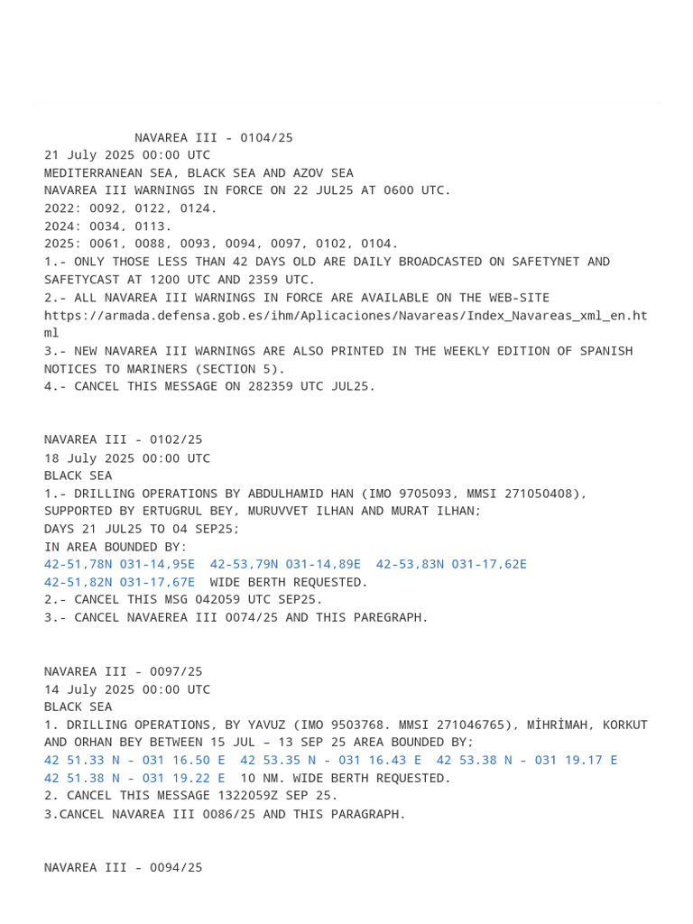 NAVAREA III Warnings Summary 2025 | PDF | Shipping