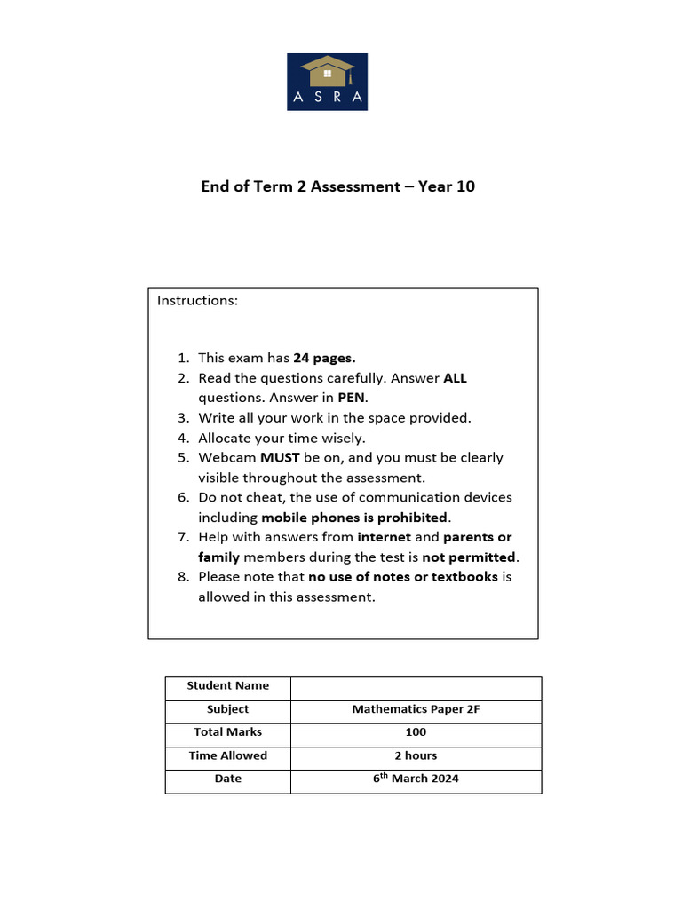 Year 10 Mathematics Assessment Guide | PDF | Area | Litre