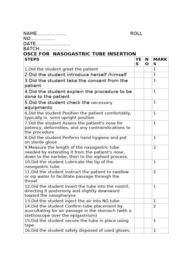 Osce For Nasogastric Tube Insertion | PDF