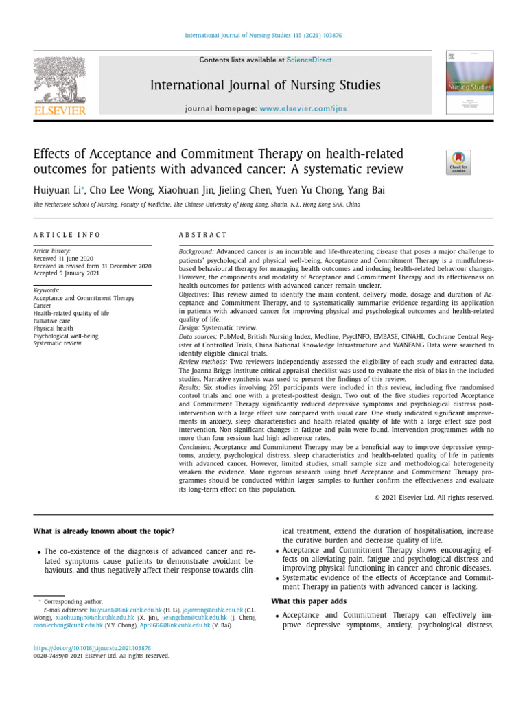 Effects of Acceptance and Commitment Therapy On Health-Related | PDF ...