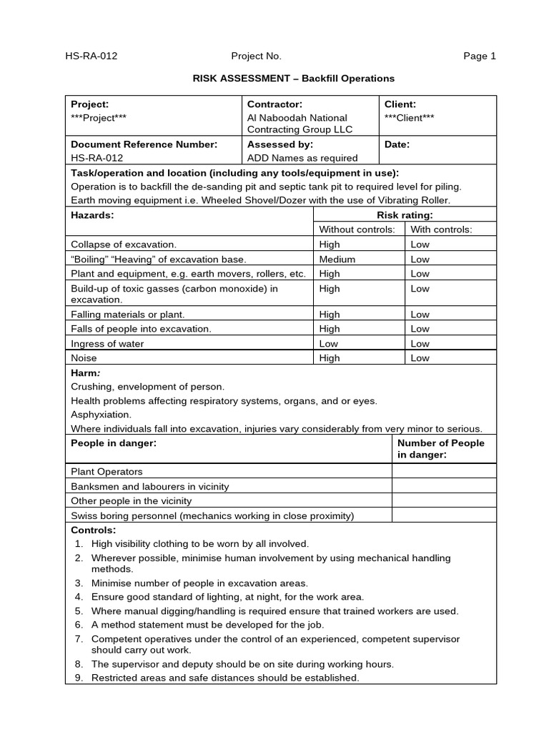 Backfill Operations Risk Assessment | PDF | Personal Protective ...