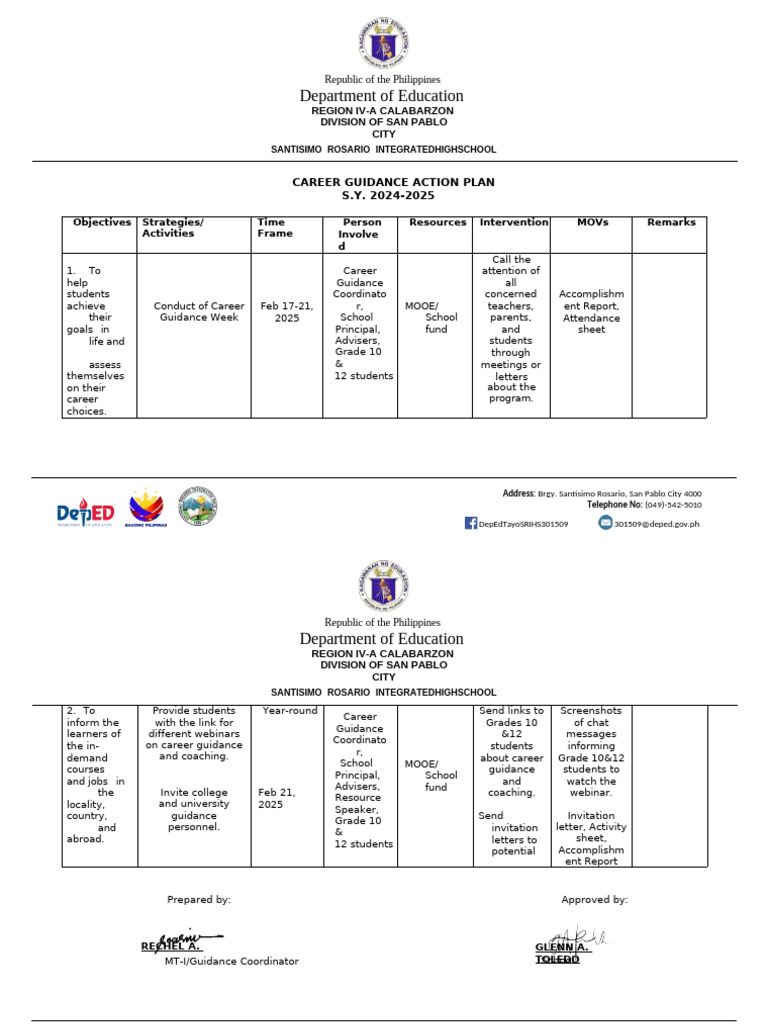 Career Guidance Action Plan 2024-2025 | PDF