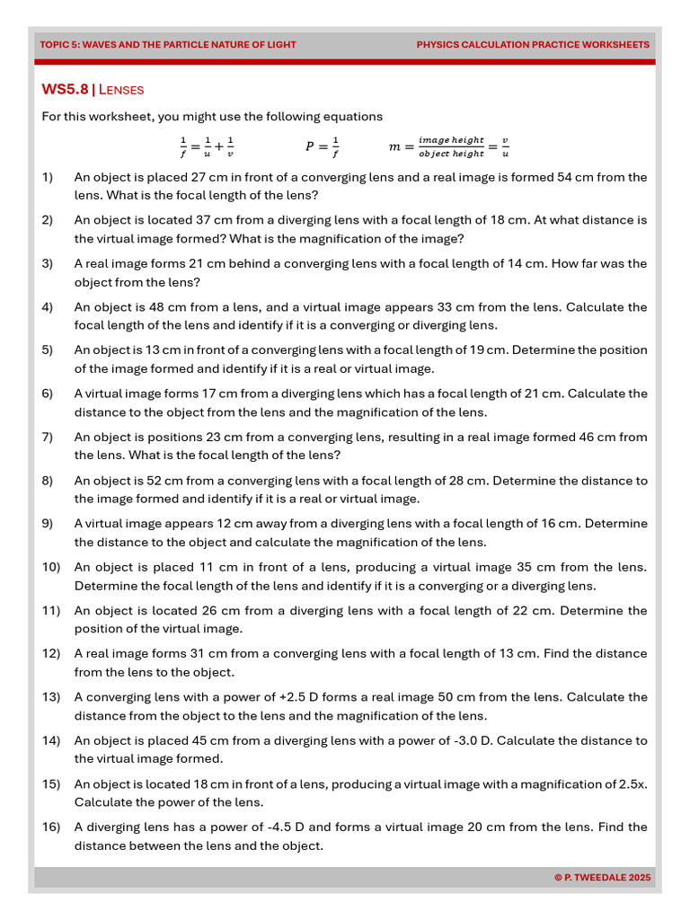 Lens Equation Practice Worksheet | PDF | Lenses | Electromagnetic Radiation