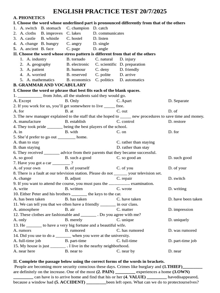 English Practice Test 20 | PDF | Cooking | Fuels