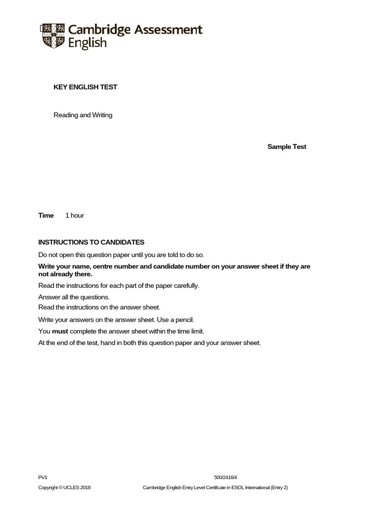 A2 Key 2020 Sample Tests Reading and Writing Question Paper | PDF