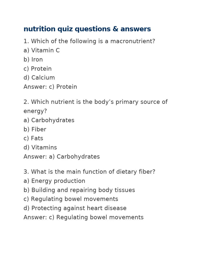 Nutrition Quiz: Questions & Answers | PDF | Nutrients | Vitamin