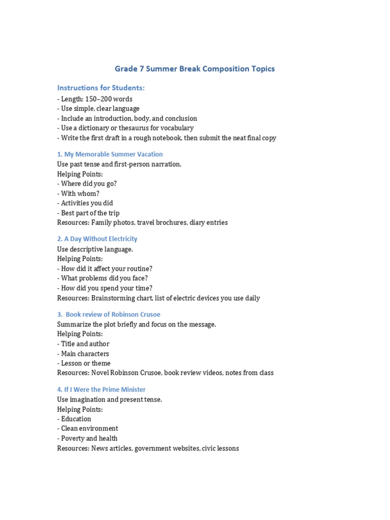 Grade 7 Composition Topics Guide | PDF