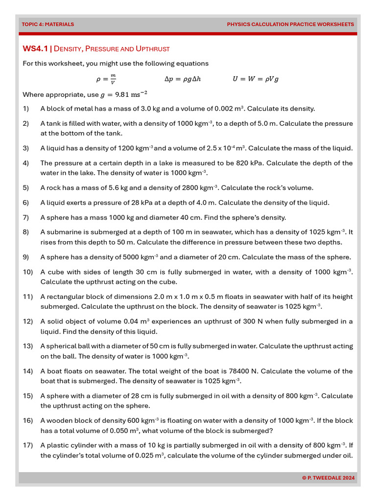 WS4.1 Density Pressure and Upthrust (PJT) | PDF | Buoyancy | Density