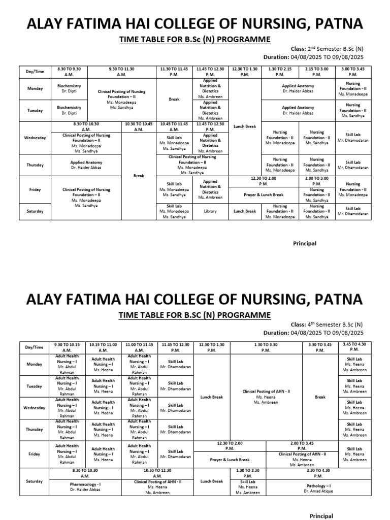 B.Sc Nursing 2nd & 4th Semester Timetable | PDF | Health Care | Social ...