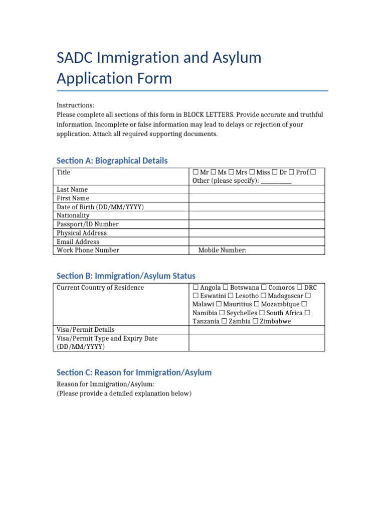 SADC Immigration and Asylum Form | PDF