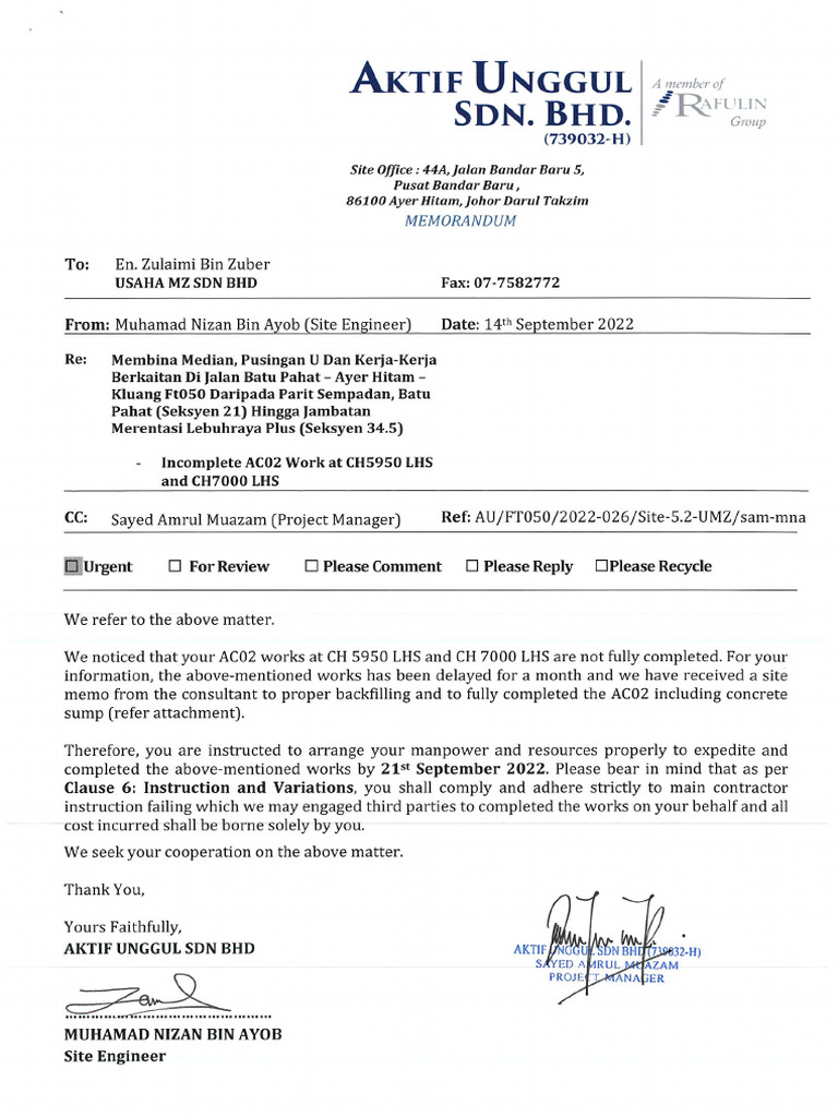 026-2022-Memo-umz-Incomplete Ac02 Work at Ch5950 Lhs and Ch7000 Lhs | PDF