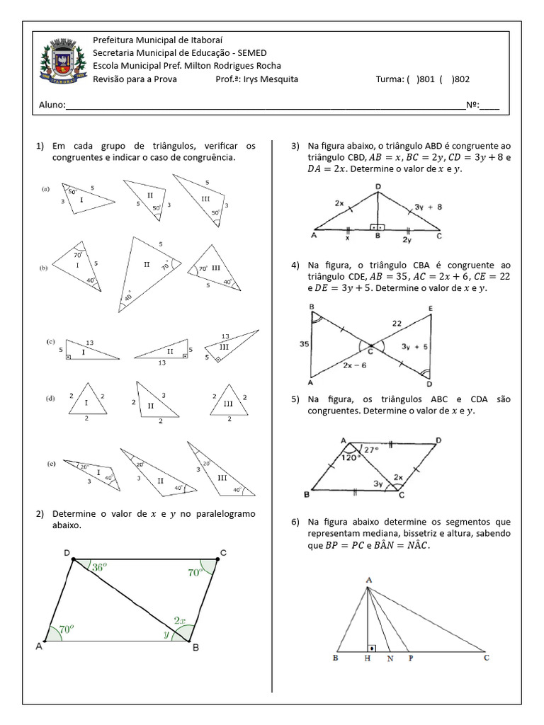 Exercícios de Congruência de Triângulos 8º Ano | PDF