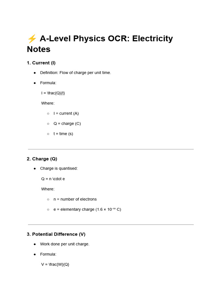 A-Level Physics: Electricity Overview | PDF