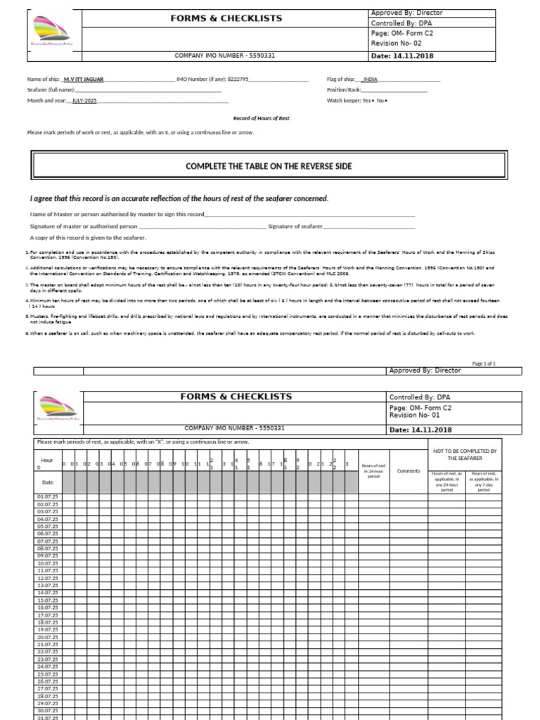 Seafarer Rest Hour Record Form | PDF | Shipping