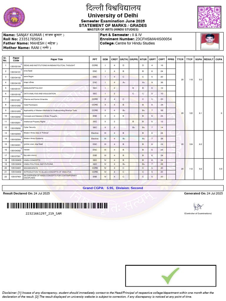 University of Delhi: Semester Examination June 2025 Statement of Marks ...