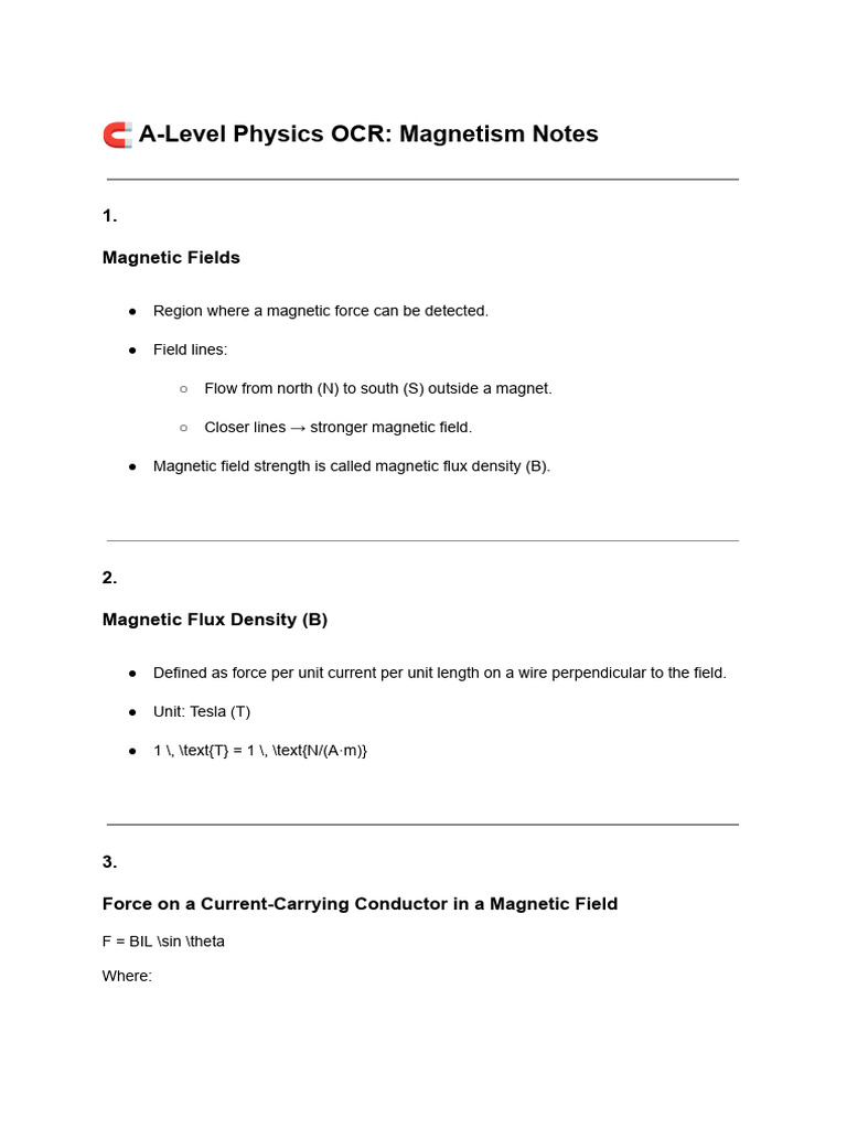 A-Level Physics: Magnetism Overview | PDF | Magnetic Field | Force