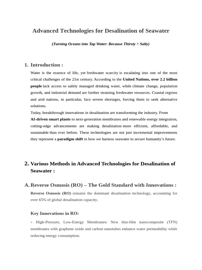 Advanced Technologies For Desalination of Seawater | PDF | Desalination ...