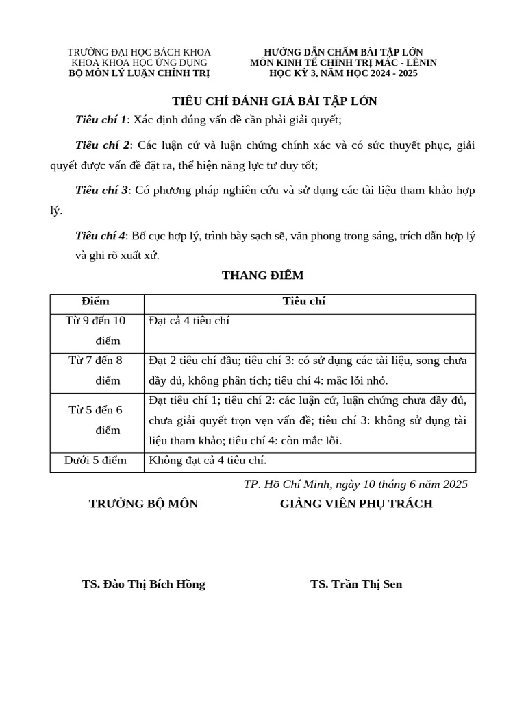 BK - Tiêu Chí Đánh Giá BTL Môn KTCT | PDF