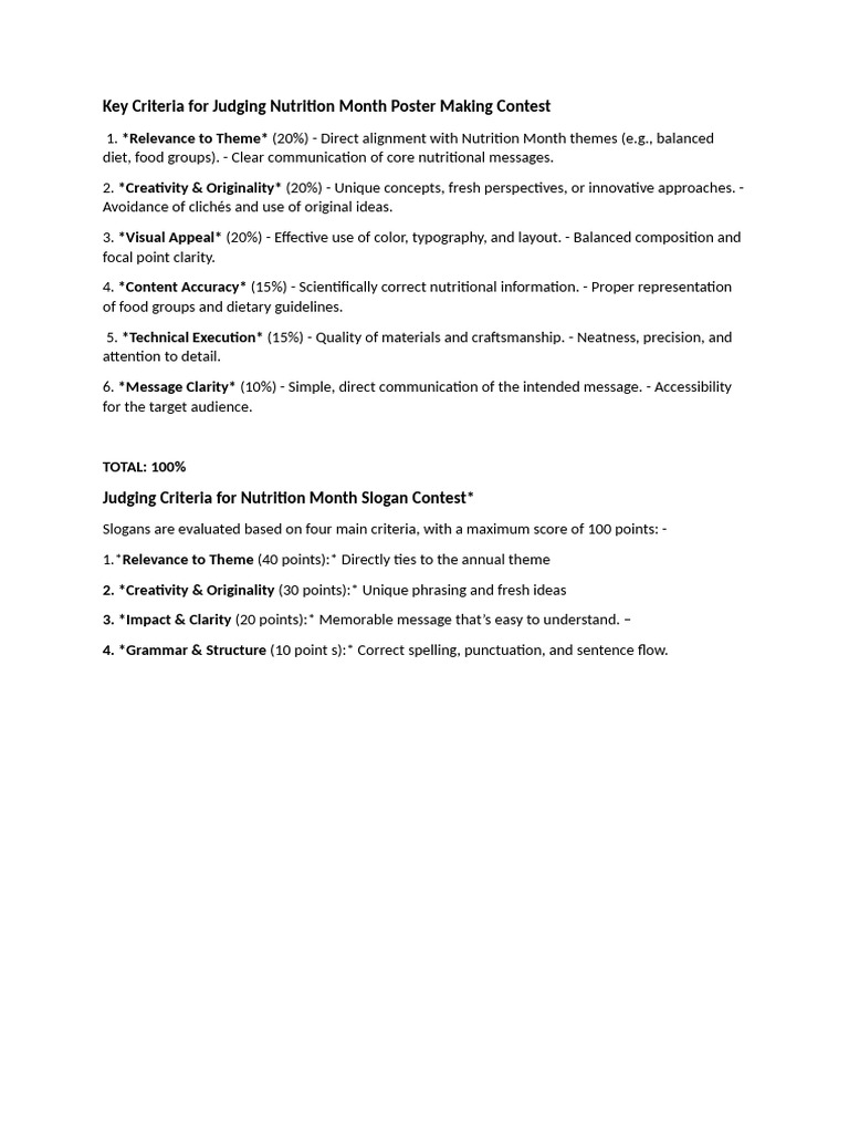 Key Criteria for Judging Nutrition Month Poster Making Contest | PDF
