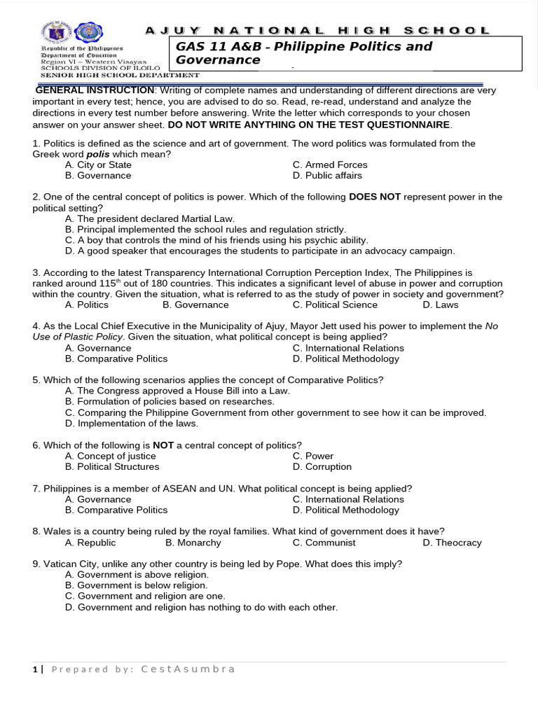 Philippine Politics & Governance Exam Guide | PDF | Feminism | Gender ...