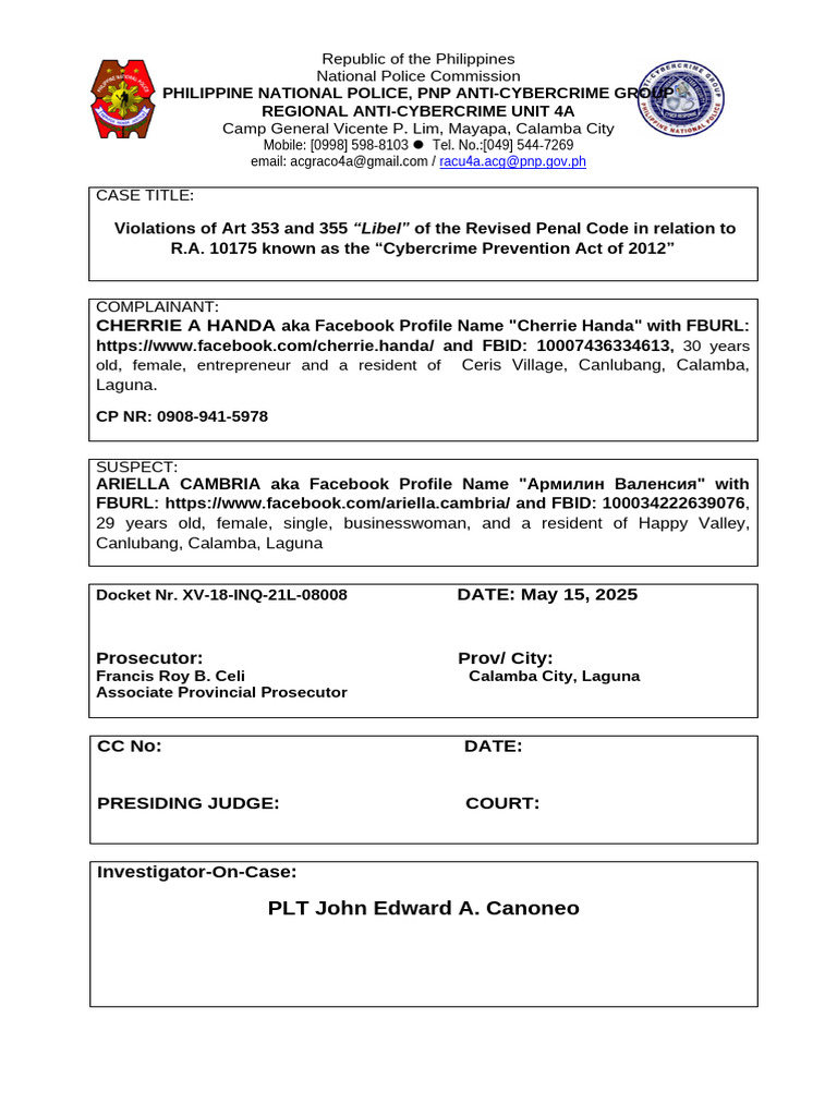 Libel Case Under Cybercrime Act | PDF