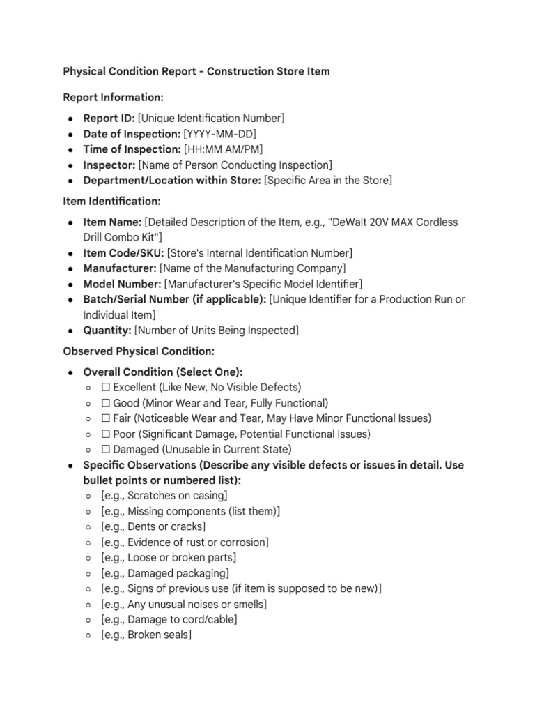 Construction Item Physical Condition Report | PDF