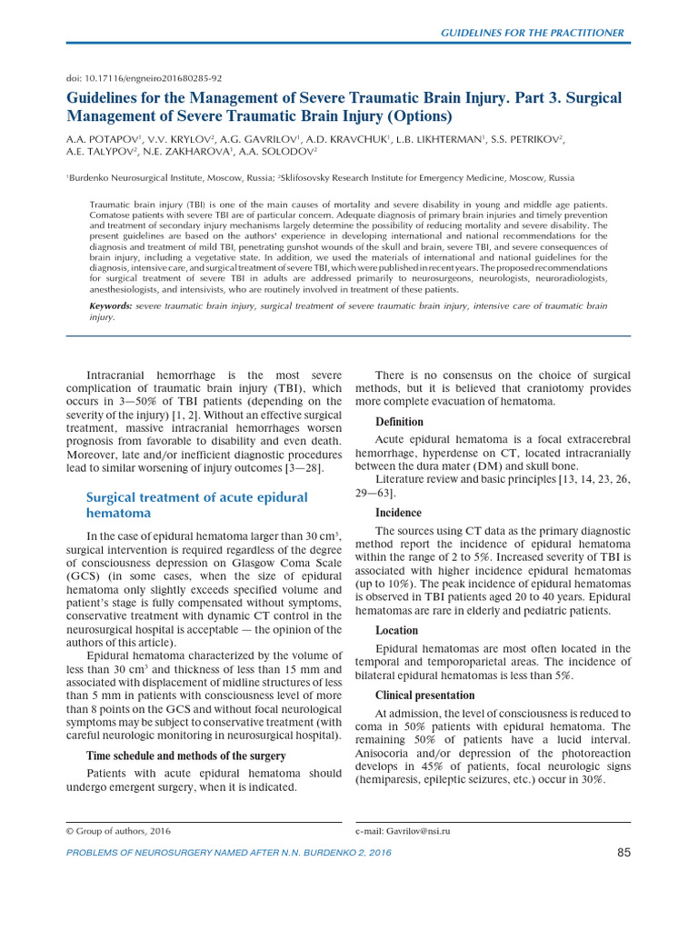 Russian Guidelines For The Management of Severe Traumatic Brain Injury ...