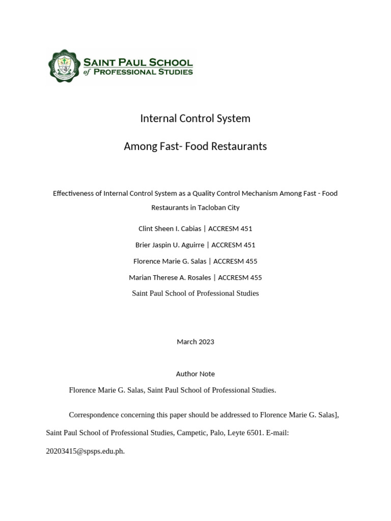 Internal Control Effectiveness in Fast Food | PDF | Internal Control ...