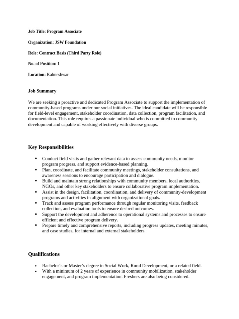 Job Description - Program Associate | PDF | Community | Business