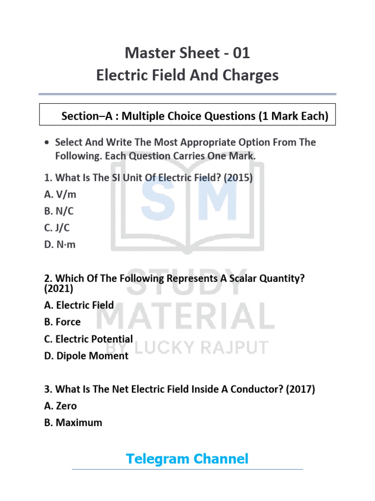 Electric Field and Charges MCQs Guide | PDF | Electric Field | Sphere