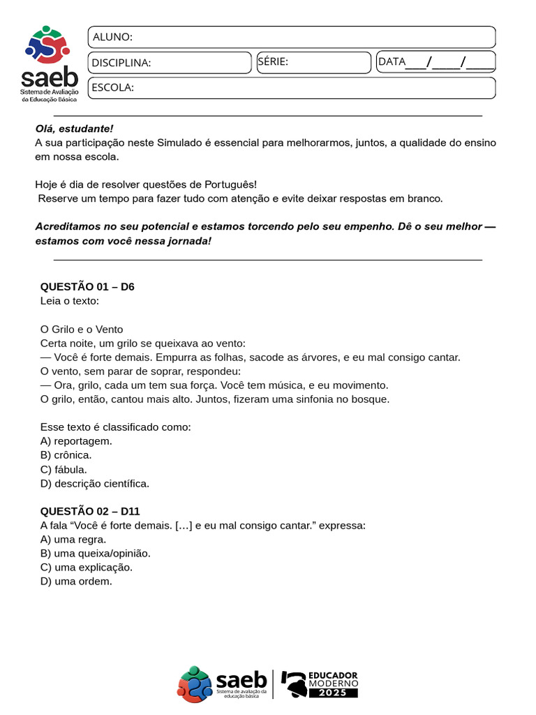 Simulado SAEB Português 5º Ano | PDF | Tempo