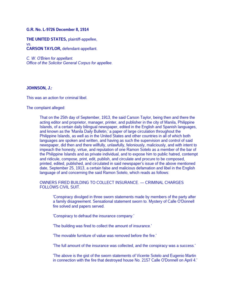 1914 Libel Case: U.S. vs. Carson Taylor | PDF | Defamation | Child Custody