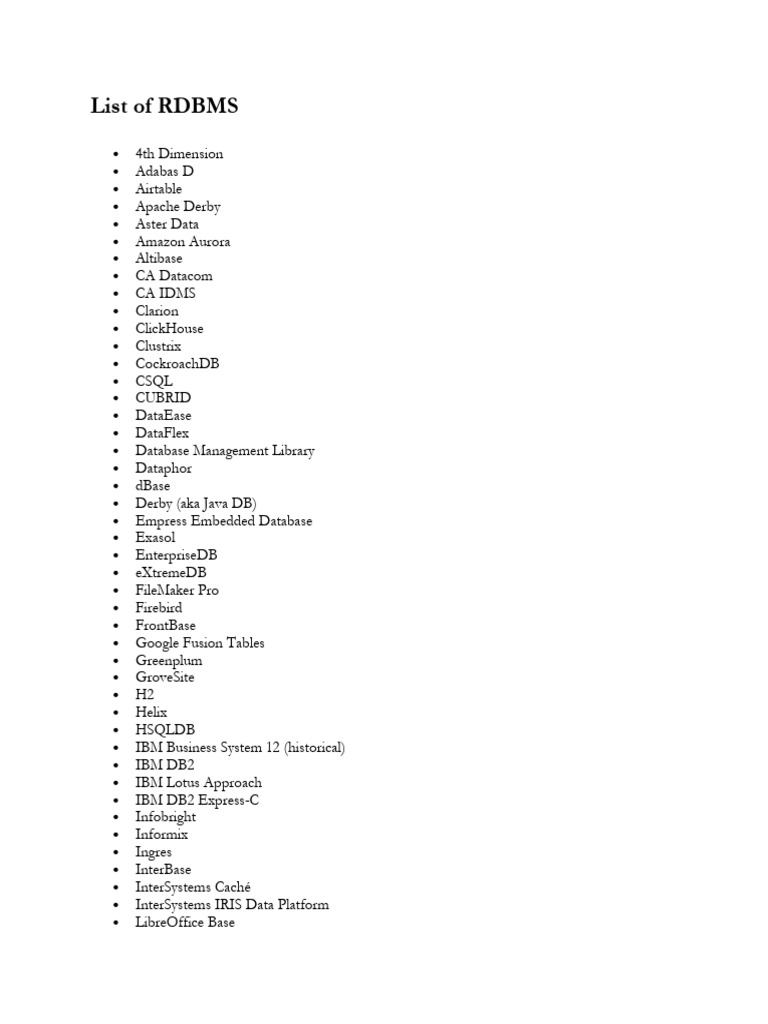 Comprehensive RDBMS Database List | PDF