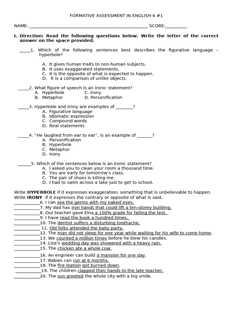 Formative Assessment in English 6 | PDF