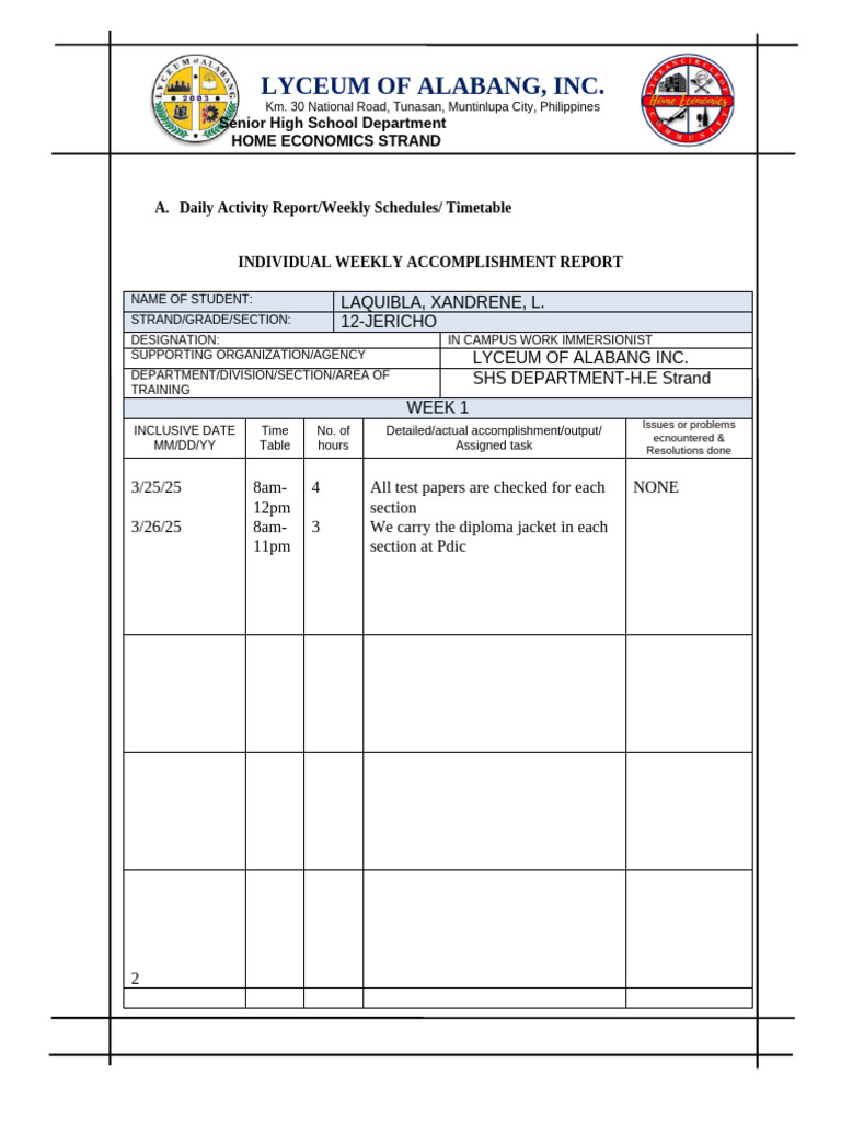 Weekly Accomplishment Report Template | PDF