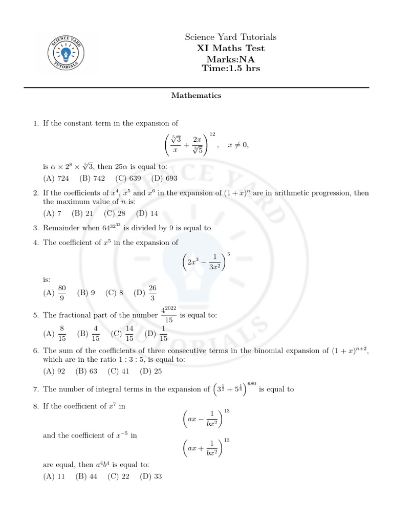 XI Maths Test: Binomial Expansion Problems | PDF | Elementary ...