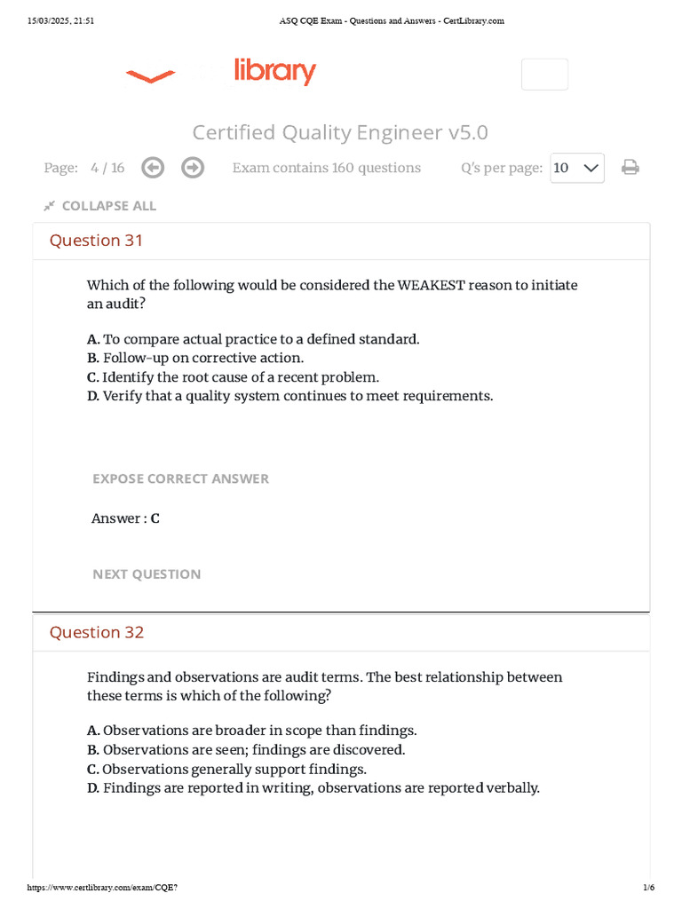 ASQ CQE Exam - Questions and Answers - 4 | PDF | Audit | Business