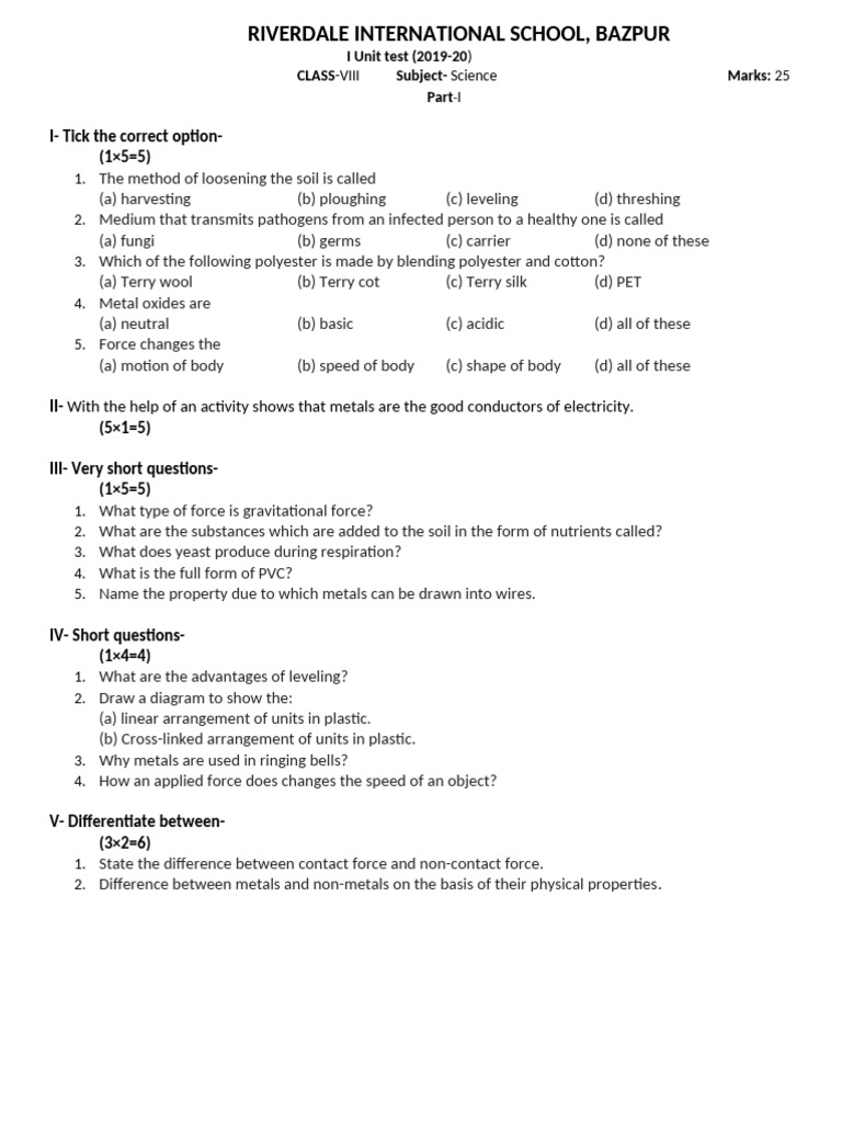 Class 8 Science Unit Test Paper | PDF
