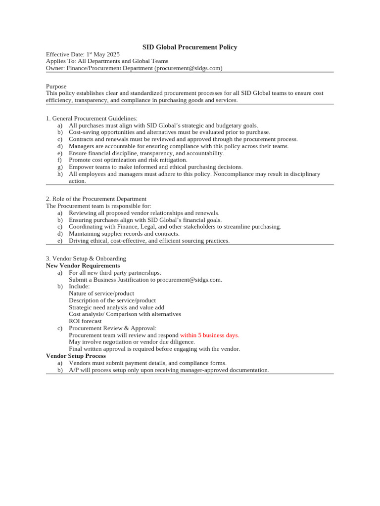Procurement Policy Draft SID Global | PDF | Procurement | Economies