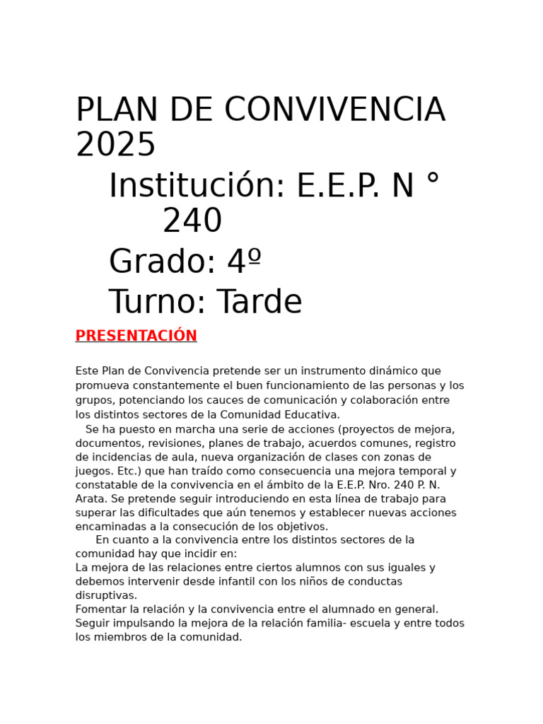 Plan de Convivencia Escolar 2025 | PDF | Salón de clases