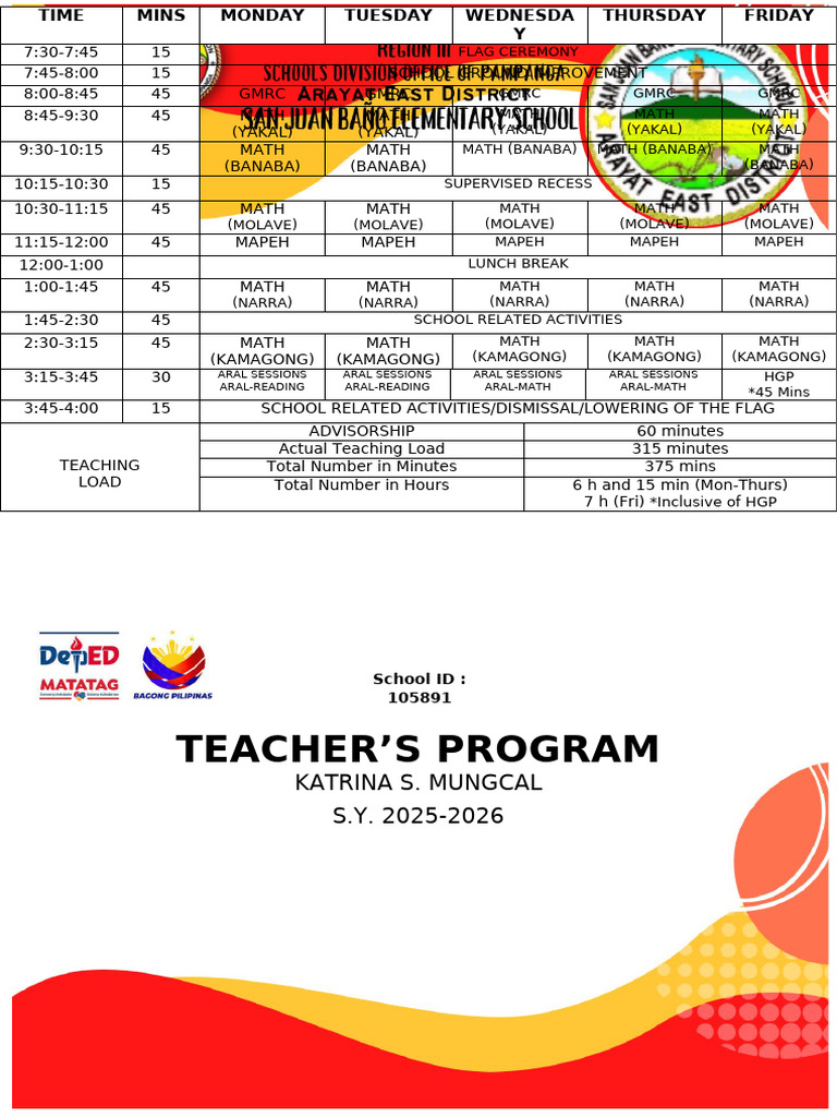 Weekly Teaching Schedule for 2025-2026 | PDF