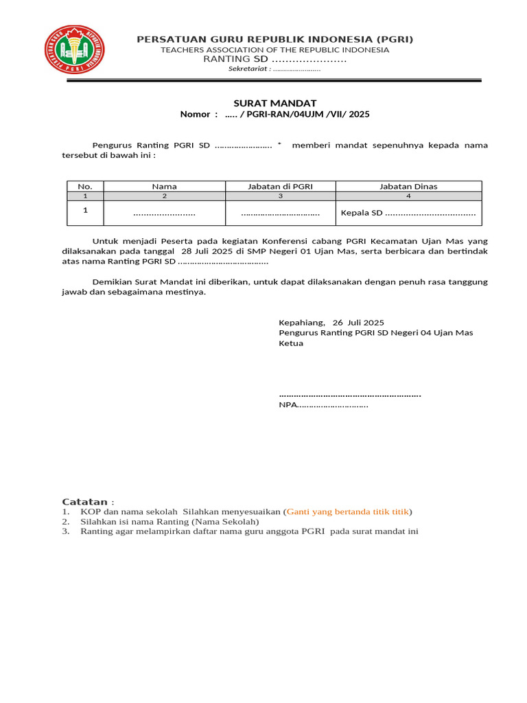 Surat Mandat Konferensi PGRI 2025 | PDF