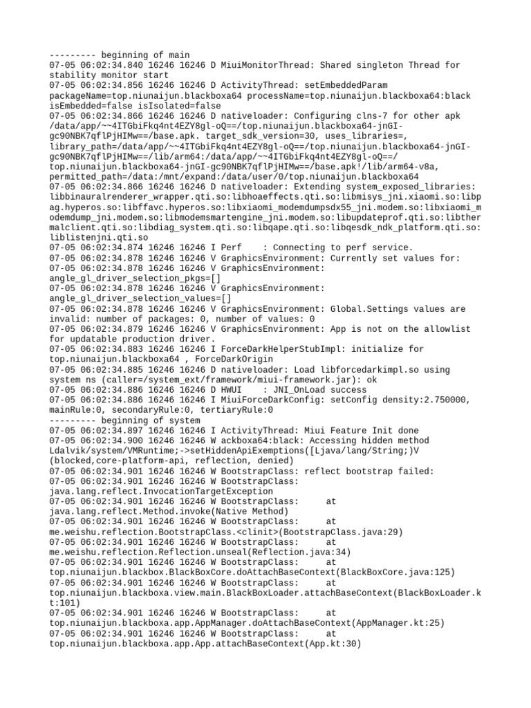 Top - Niunaijun.blackboxa64 Logcat | PDF | Java (Programming Language ...
