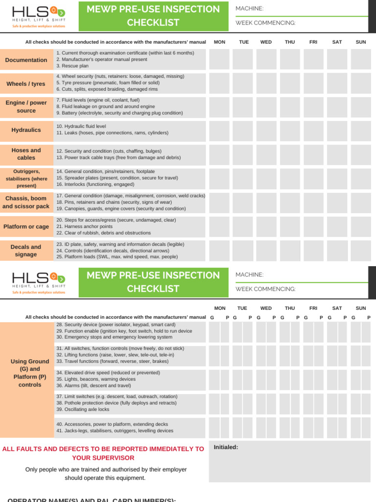 MEWP Pre-Use Inspection Checklist | PDF | Vehicles | Manufactured Goods