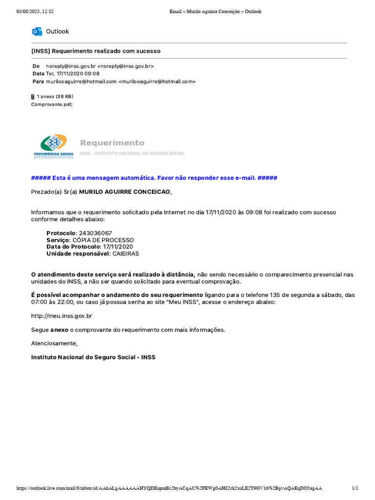 Comprovante de Requerimento INSS | PDF